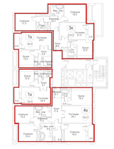 Планировка с 3-го по 6-й этаж 8-го корпуса 1-й секции ЖК РЕДСАЙД