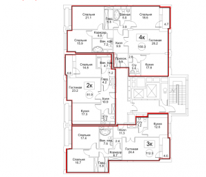 Планировка с 3-го по 8-й этаж 8-го корпуса 2-й секции ЖК РЕДСАЙД