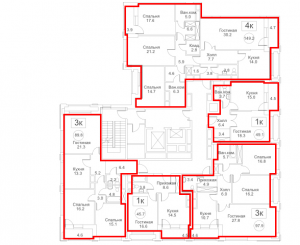Планировка с 4-го по 11-й этаж 3-го корпуса 2-й секции ЖК РЕДСАЙД
